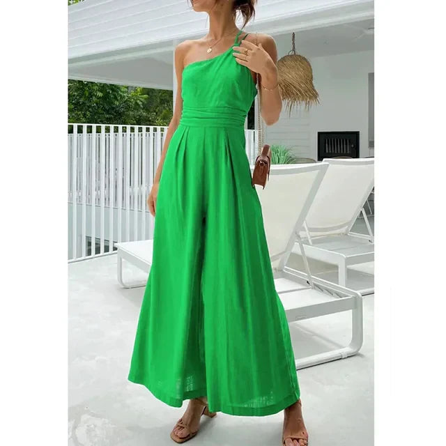Women's Jumpsuit - One-Shoulder Elegant Fit - Wide-Leg Stylish Design