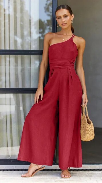 Women's Jumpsuit - One-Shoulder Elegant Fit - Wide-Leg Stylish Design