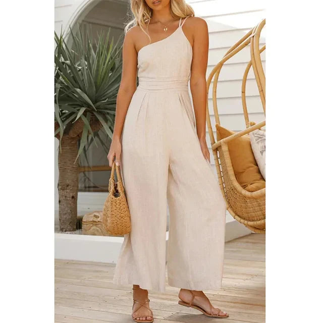Women's Jumpsuit - One-Shoulder Elegant Fit - Wide-Leg Stylish Design