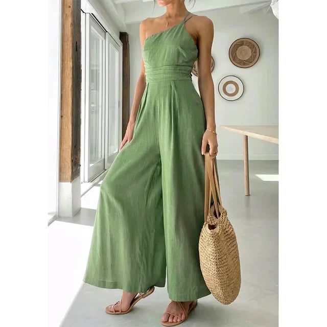 Women's Jumpsuit - One-Shoulder Elegant Fit - Wide-Leg Stylish Design
