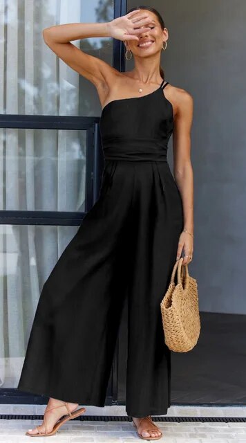 Women's Jumpsuit - One-Shoulder Elegant Fit - Wide-Leg Stylish Design