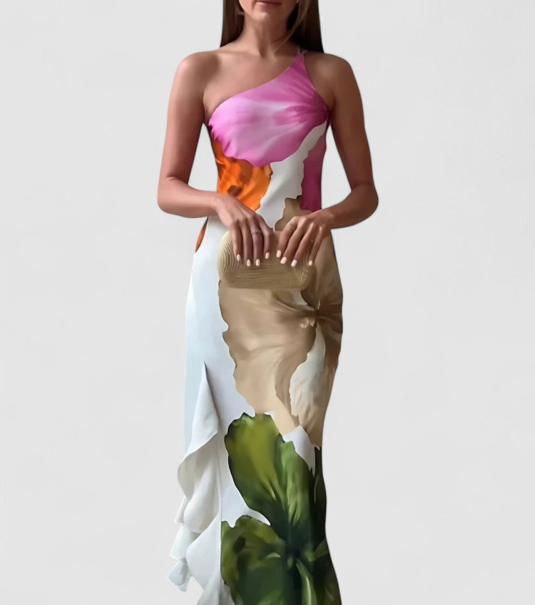 Women’s Evening Dress – Fitted Silhouette – Asymmetric Neckline – Luxury Fabric Draped
