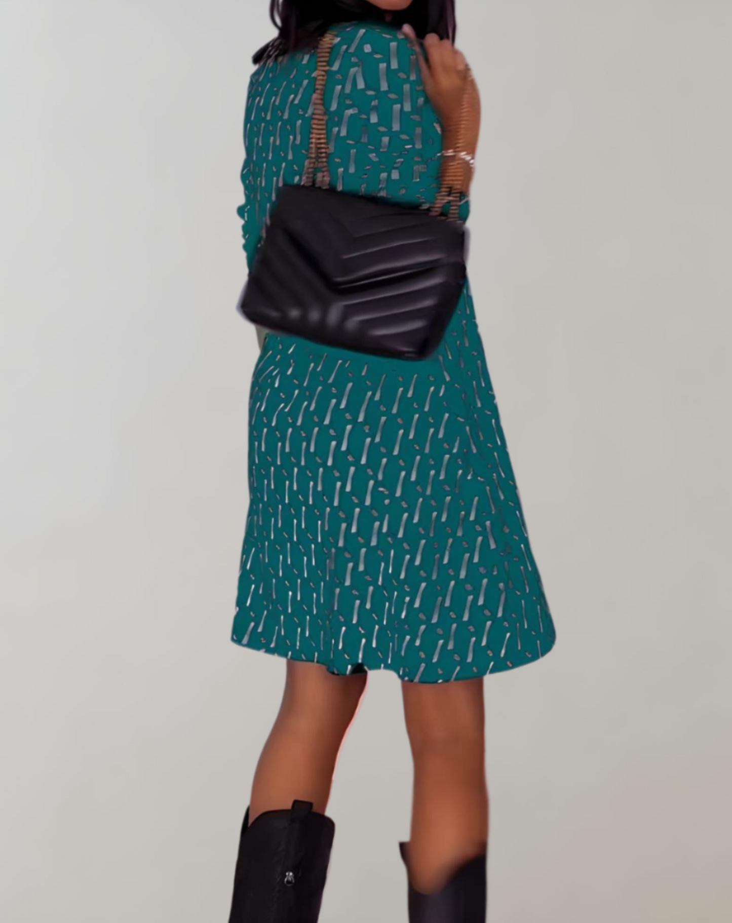 Women's A-Line Dress - V-Neck - Three-Quarter Sleeve - Knee-Length Geometric Print