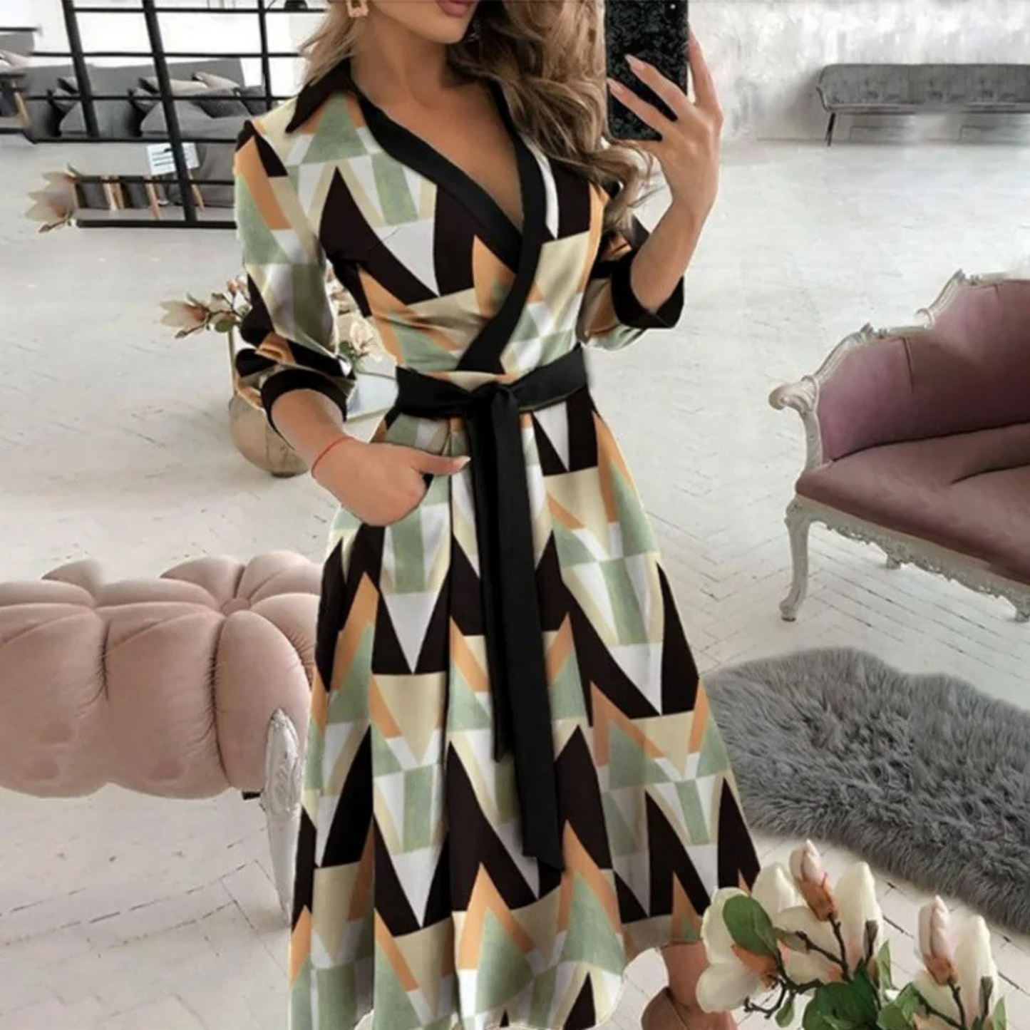 Women's Wrap Midi Dress - V-Neck Long Sleeve - Tie Waist Elegant Fit