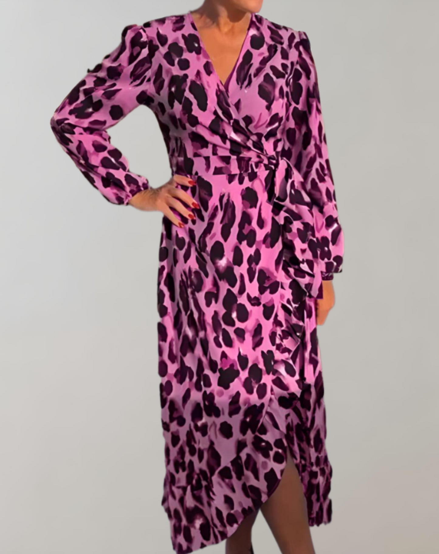 Women's Wrap Dress - Leopard Print - V-Neck Long Sleeve - Midi Length Flowy Fit