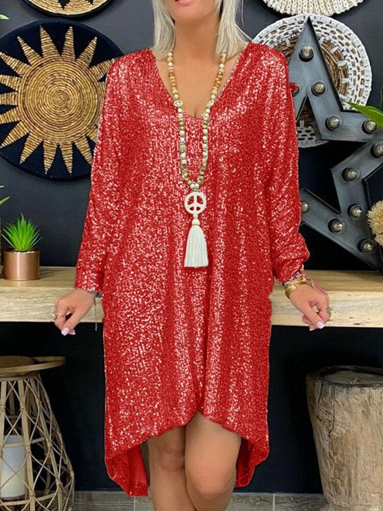 Women’s Party Dress – Sequin Embellished – Loose Fit – V-Neck – Long Sleeve – Midi Length