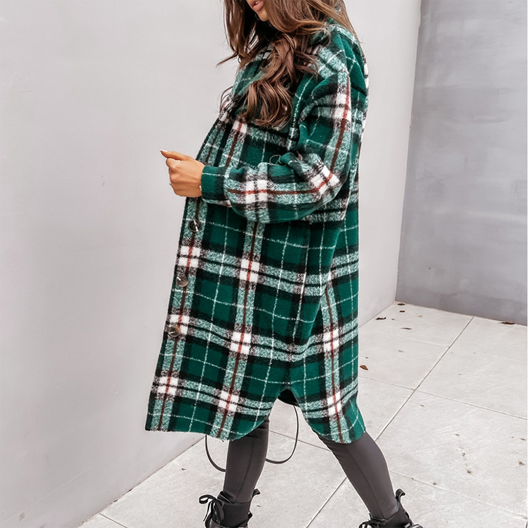 Women’s Long Coat – Wool Blend – Oversized Fit – Checkered – Button Front – Flap Pockets