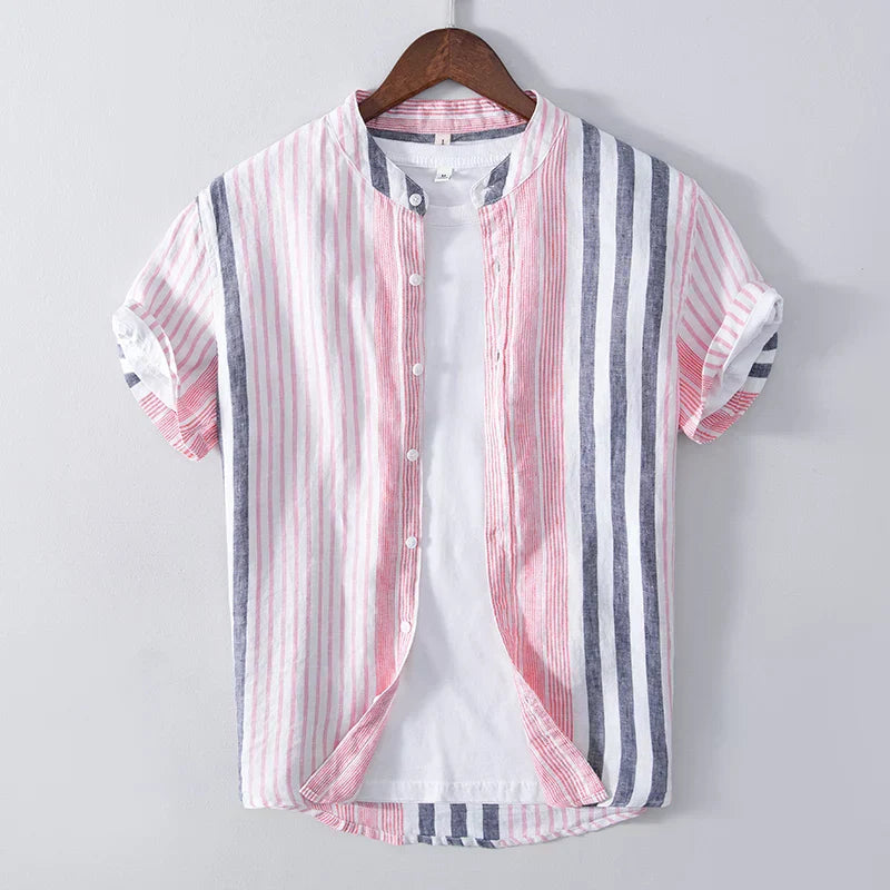 Men’s Short Sleeve Shirt – Relaxed Fit – Breathable Blend – Band Collar – Striped