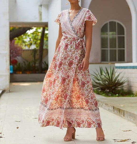 Women's Maxi Dress - Bohemian Print - V-Neck - Short Flutter Sleeves - Flowy Fit