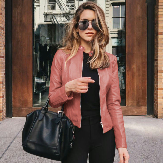 Women’s Biker Jacket – Genuine Leather – Slim Fit – Cropped Waist – Zippered Cuffs