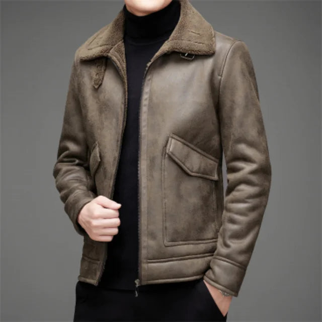 Men’s Leather Jacket – Structured Fit – Fleece Collar – Zip Front – Waist Length