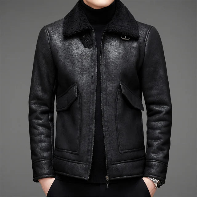 Men’s Leather Jacket – Structured Fit – Fleece Collar – Zip Front – Waist Length