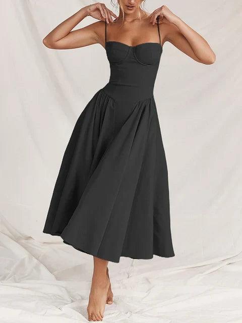 Women's Midi Dress - Sweetheart Neckline - Bustier Bodice - A-Line Flared Skirt