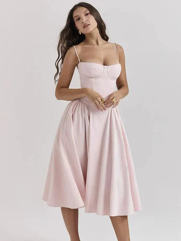 Women's Midi Dress - Sweetheart Neckline - Bustier Bodice - A-Line Flared Skirt