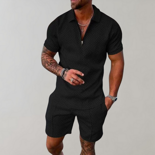 Men’s Romper – Collared Zip Front – Short Sleeve Tailored Fit – Geometric Pattern