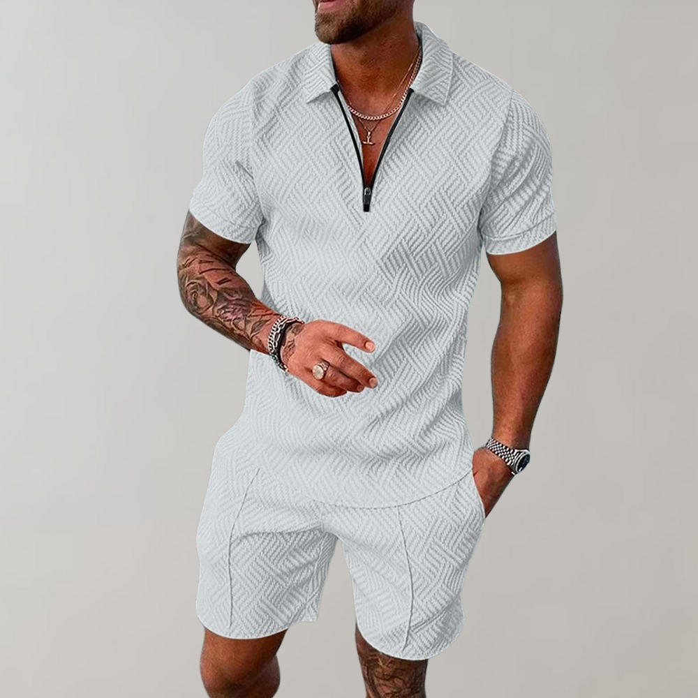 Men’s Romper – Collared Zip Front – Short Sleeve Tailored Fit – Geometric Pattern