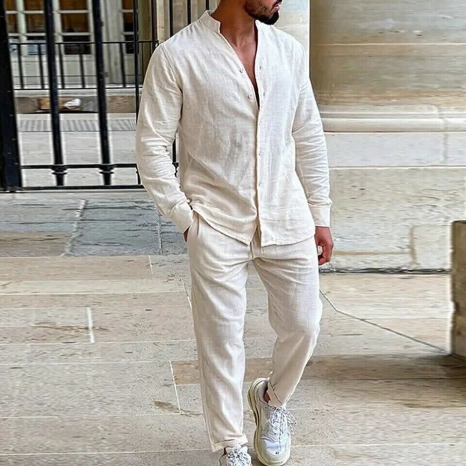 Men’s Linen Set – Relaxed Fit Shirt and Straight-Leg Pants – Lightweight Breathable Casual Wear