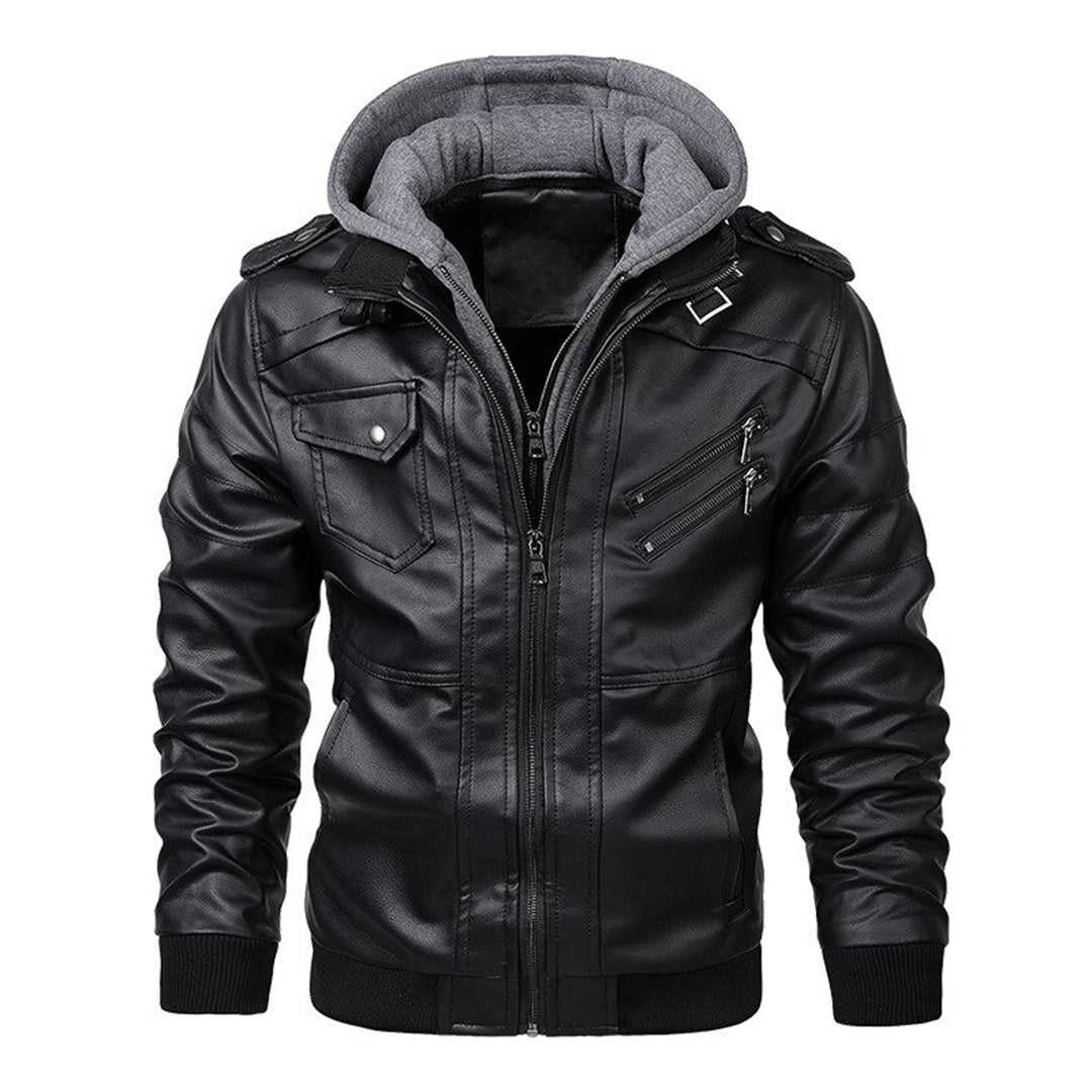 Men’s Leather Jacket – Fitted Silhouette – Hooded – Zip Pockets – Ribbed Cuffs