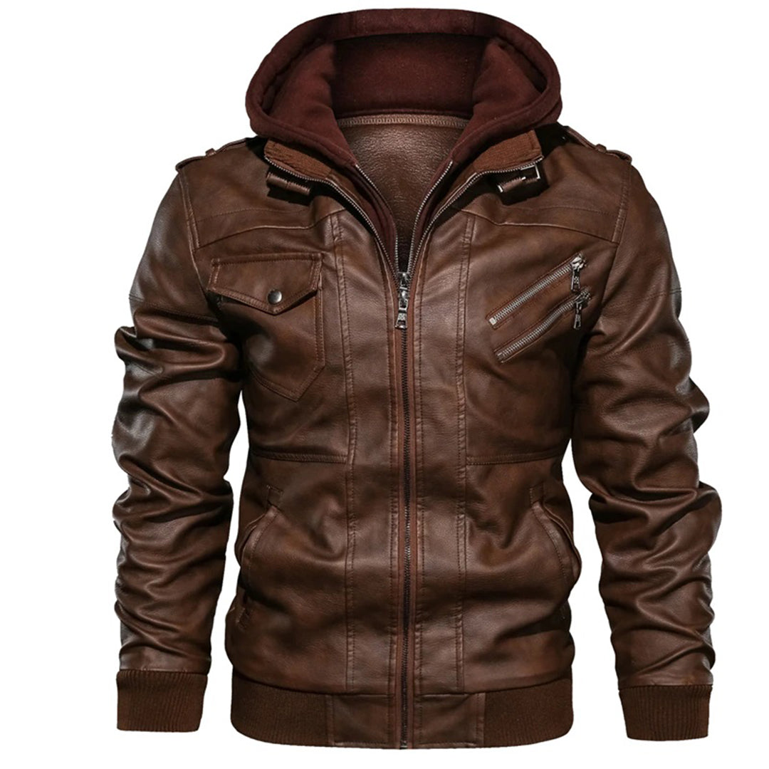 Men’s Leather Jacket – Fitted Silhouette – Hooded – Zip Pockets – Ribbed Cuffs