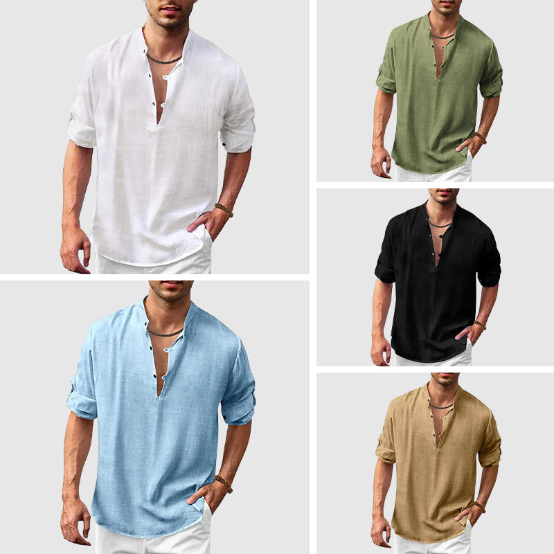 Men’s Long-Sleeve Linen Shirt – Mandarin Collar – Relaxed Fit – Breathable Casual Wear