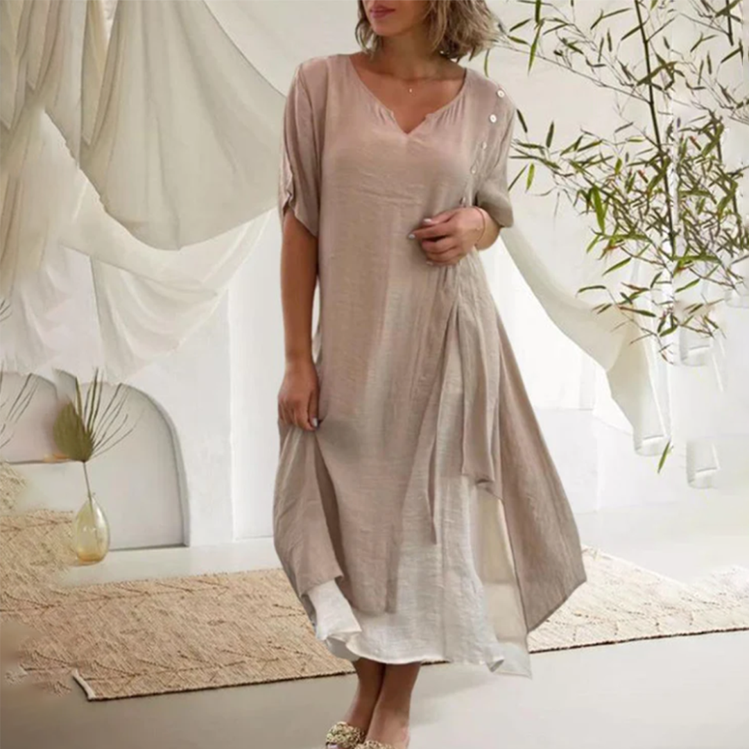 Women's Asymmetrical Tunic Dress - V-Neck Loose Fit - Short Sleeve Layered Hem