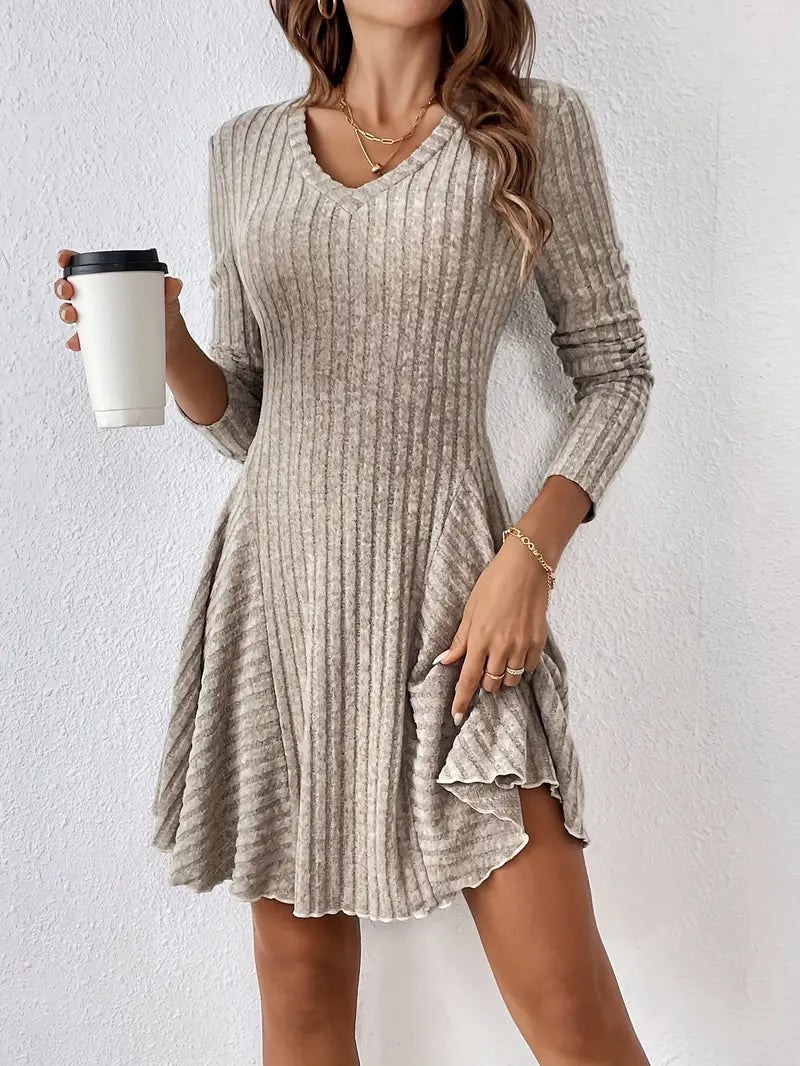 Women's Ribbed V-Neck Dress - Long Sleeve - Fitted Bodice - A-Line Knee Length