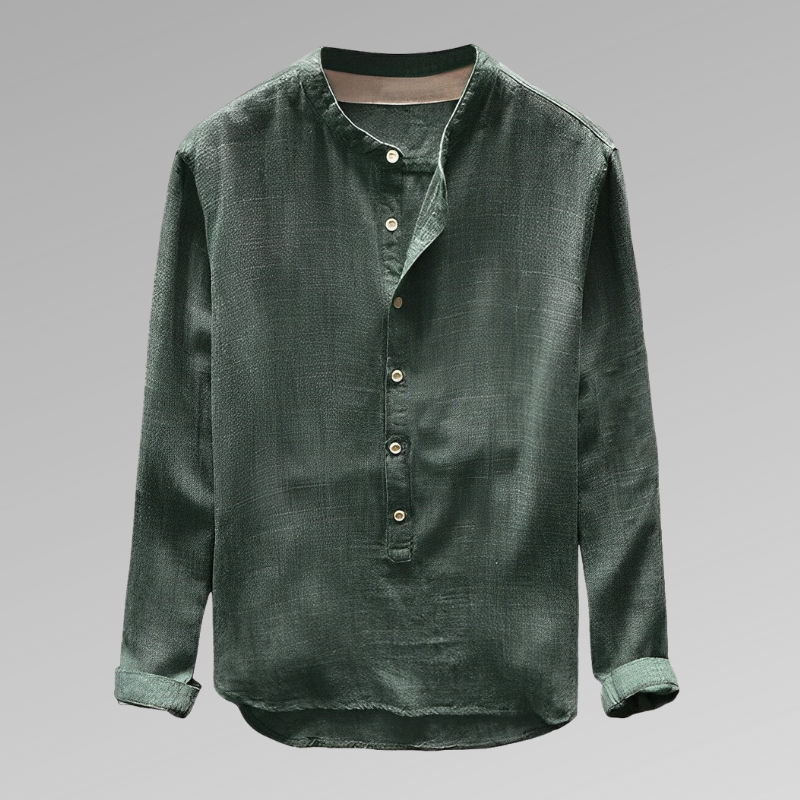 Men’s Long Sleeve Shirt – Relaxed Fit – Mandarin Collar – Half Button – Breathable Blend