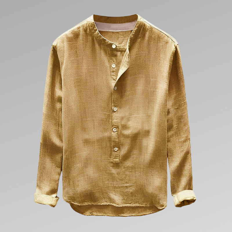 Men’s Long Sleeve Shirt – Relaxed Fit – Mandarin Collar – Half Button – Breathable Blend