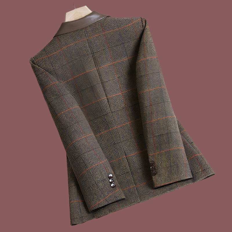 Women’s Blazer – Tailored Fit – Plaid Pattern – Single Button – Professional Style