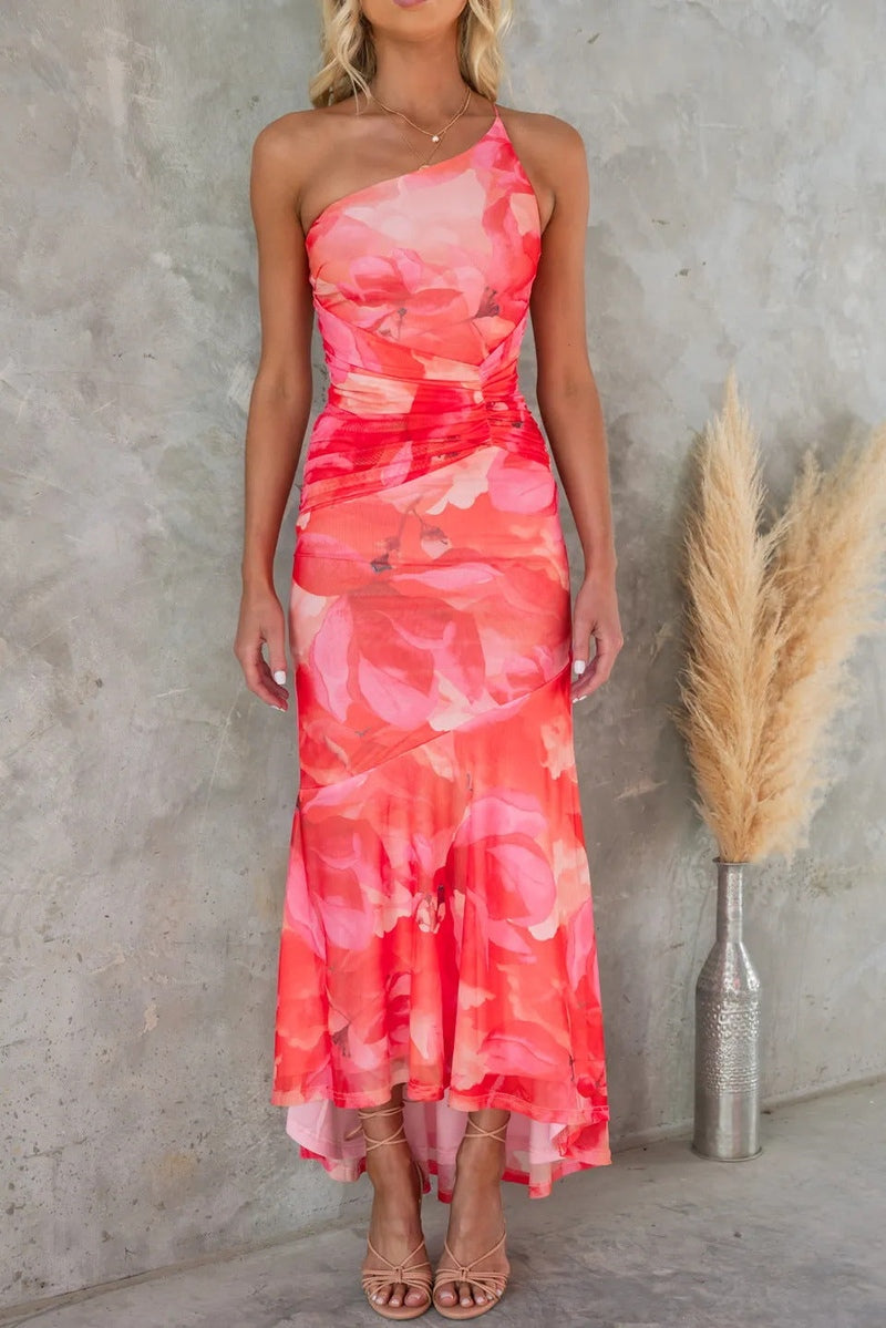 Women’s Midi Dress – One-Shoulder – Fitted Bodice – Pleated Waist – A-Line Silhouette