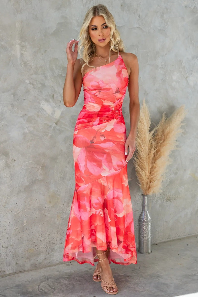Women’s Midi Dress – One-Shoulder – Fitted Bodice – Pleated Waist – A-Line Silhouette