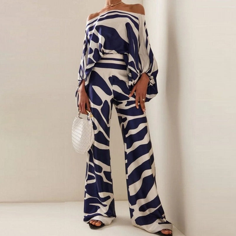Women’s Blouse and Pants Set – Relaxed Fit – One-Shoulder Top – Wide-Leg Trousers