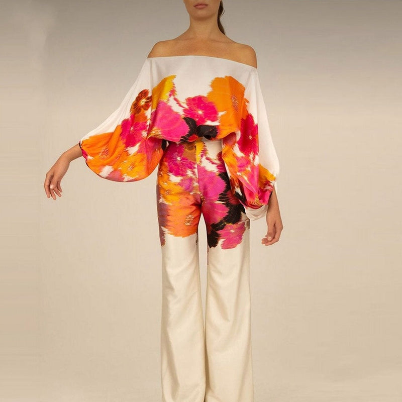 Women’s Blouse and Pants Set – Relaxed Fit – One-Shoulder Top – Wide-Leg Trousers