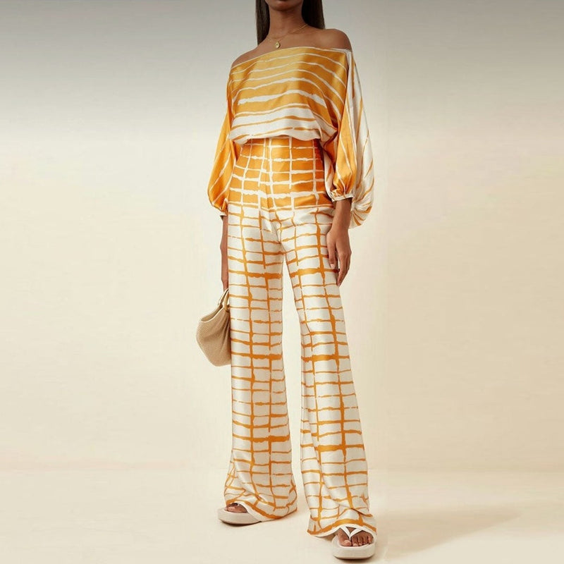 Women’s Blouse and Pants Set – Relaxed Fit – One-Shoulder Top – Wide-Leg Trousers