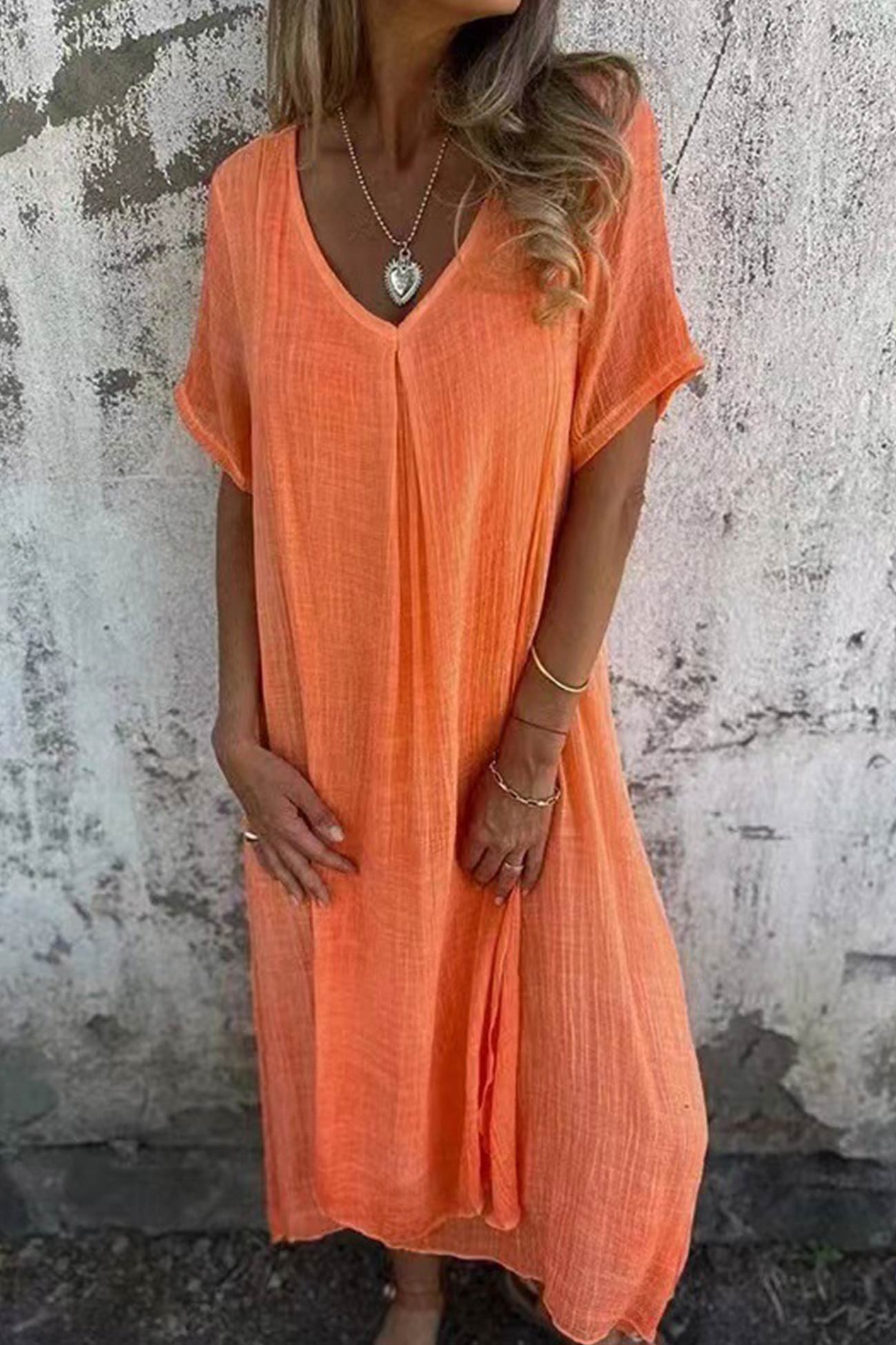 Women's Maxi Dress - Lightweight Cotton - V-Neck - Short Sleeve - Relaxed Fit