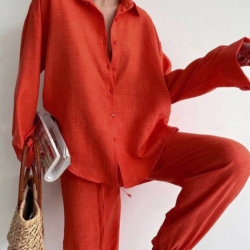 Women’s Two-Piece Set – Relaxed Fit – Button-Down Top – Wide-Leg Drawstring Pants