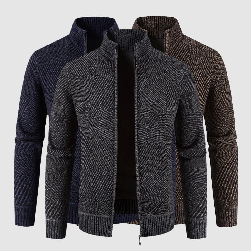 Men’s Knit Cardigan – Zip-Up High Collar – Geometric Pattern – Ribbed Cuffs & Hem