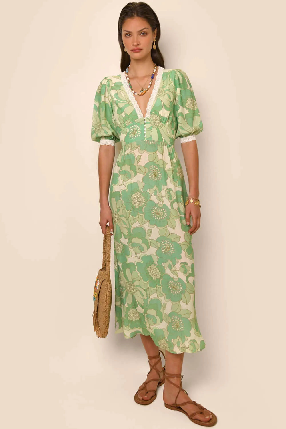 Women's Midi Dress - Vintage Floral - Deep V-Neck Lace Trim - Puff Short Sleeves