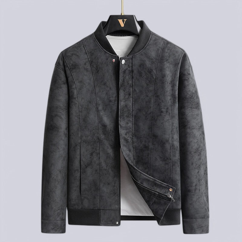 Men’s Leather Jacket – Structured Fit – Zip Front – Ribbed Trim – Seam Detail
