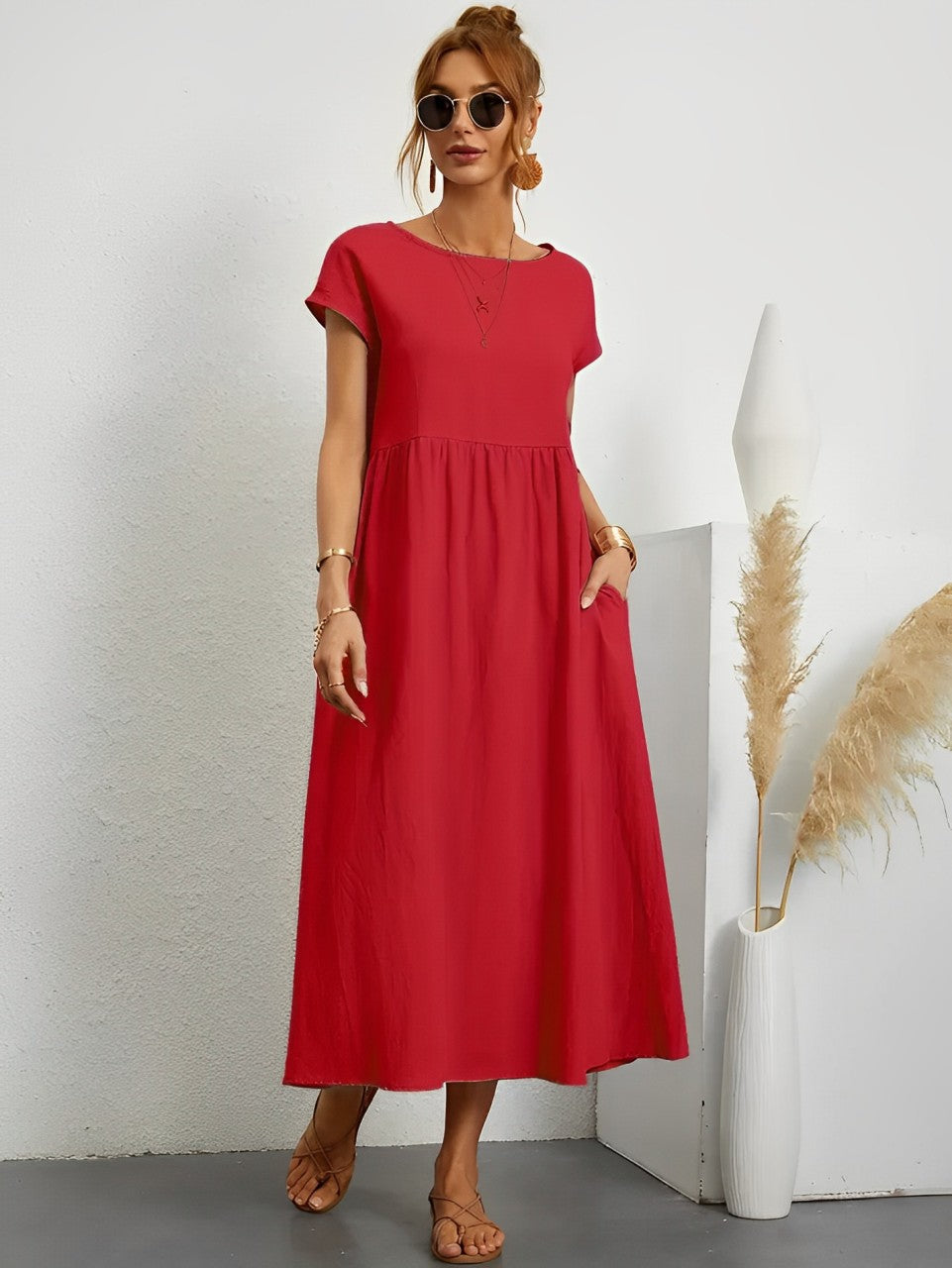 Women's Midi Dress - Flowy Lightweight Fabric - Short Sleeve - Relaxed Fit Casual Wear