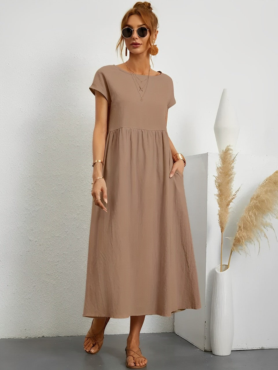 Women's Midi Dress - Flowy Lightweight Fabric - Short Sleeve - Relaxed Fit Casual Wear