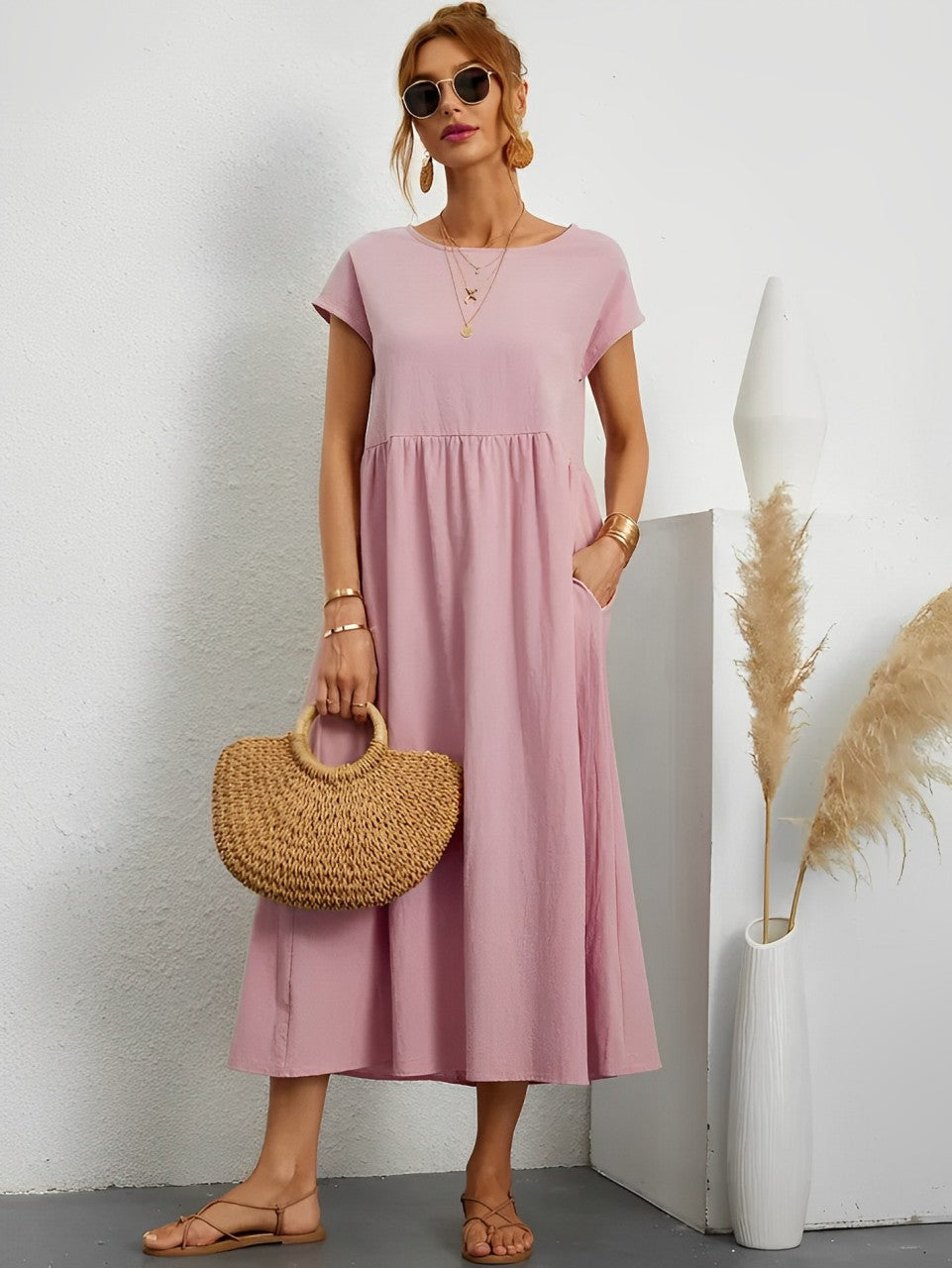 Women's Midi Dress - Flowy Lightweight Fabric - Short Sleeve - Relaxed Fit Casual Wear