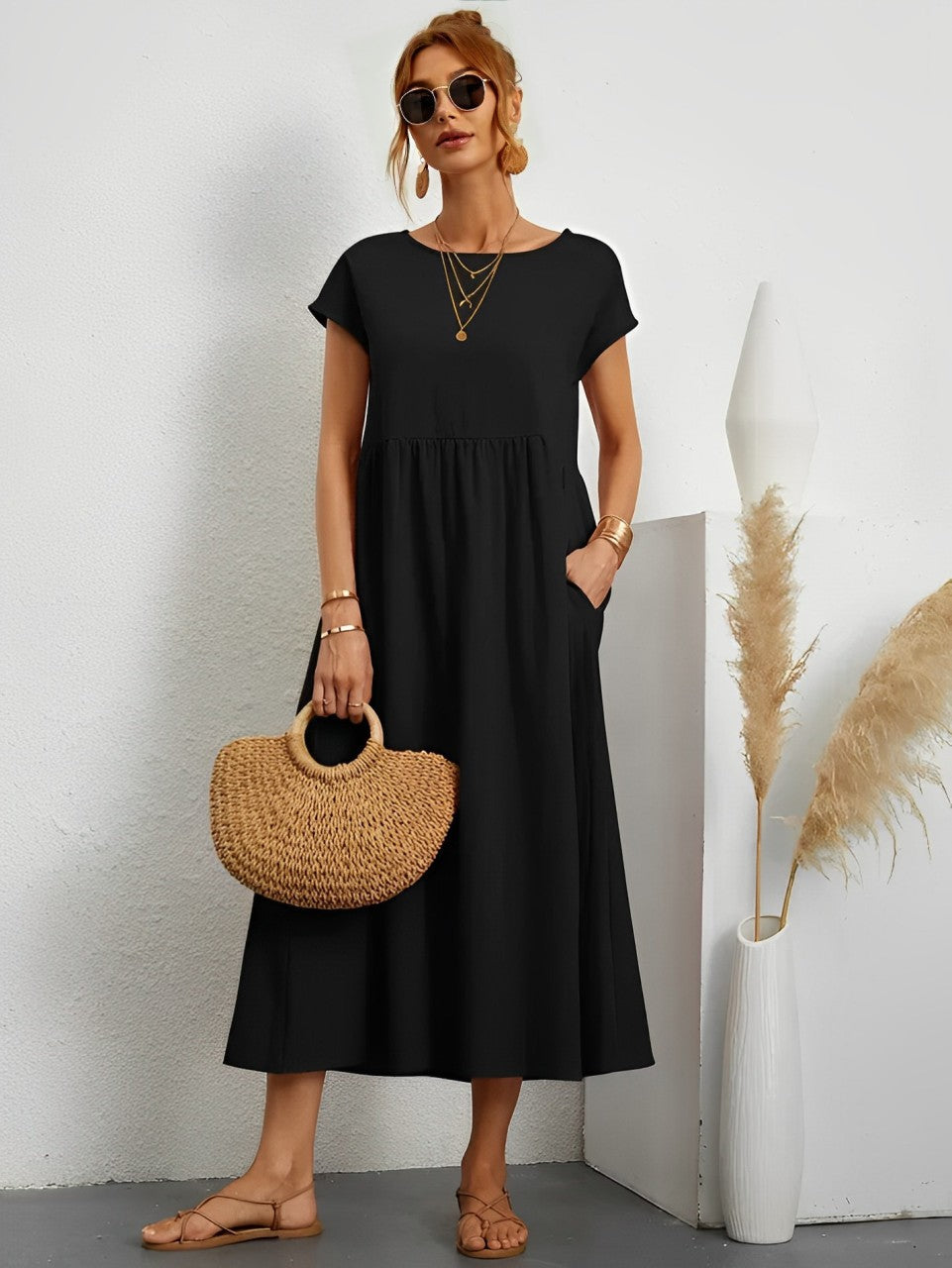 Women's Midi Dress - Flowy Lightweight Fabric - Short Sleeve - Relaxed Fit Casual Wear