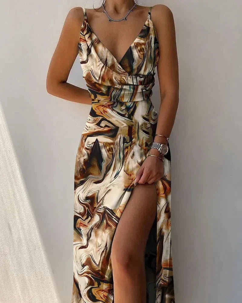 Braun maxi Kleid mit Seitenschlitz und Spaghettiträgern