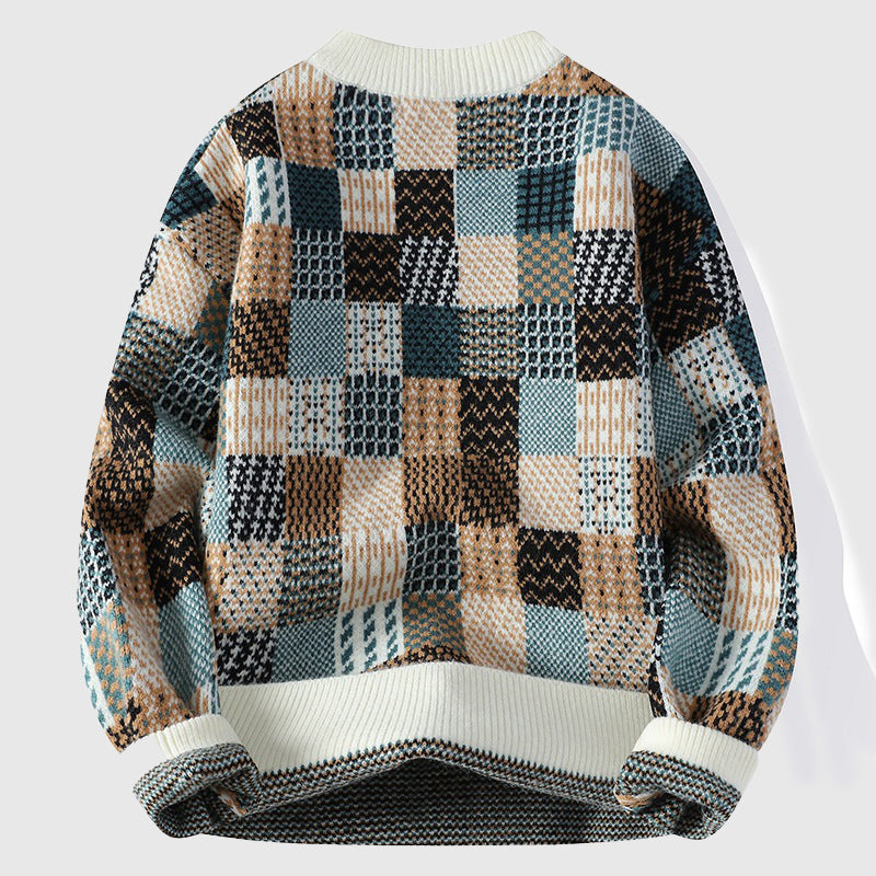 Henry Patchwork Relaxed Fit Pullover Sweater | Crewneck Long Sleeve Pullover Sweater