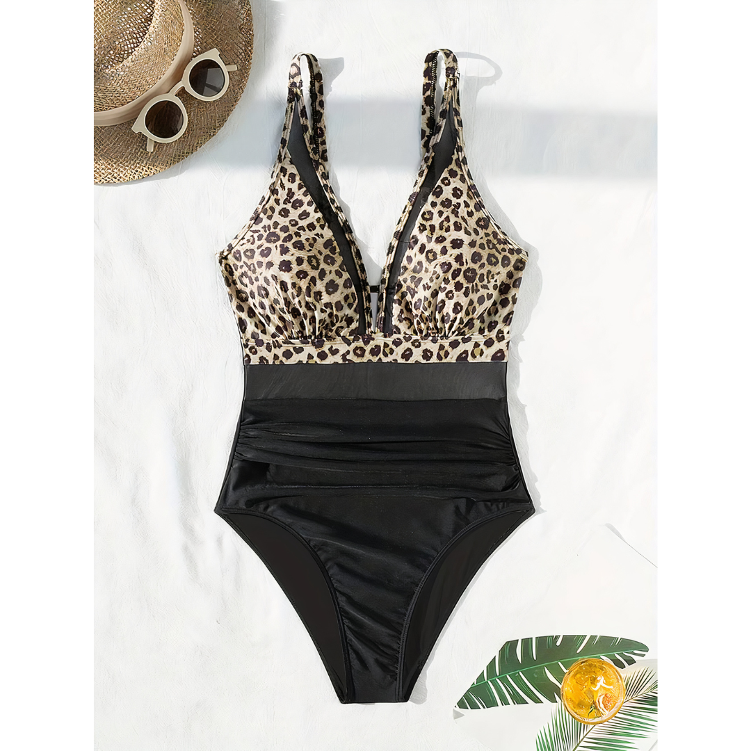 Women’s Swimsuit – Plunging Neckline – Mesh Panels – High-Cut Leg – Breathable Blend