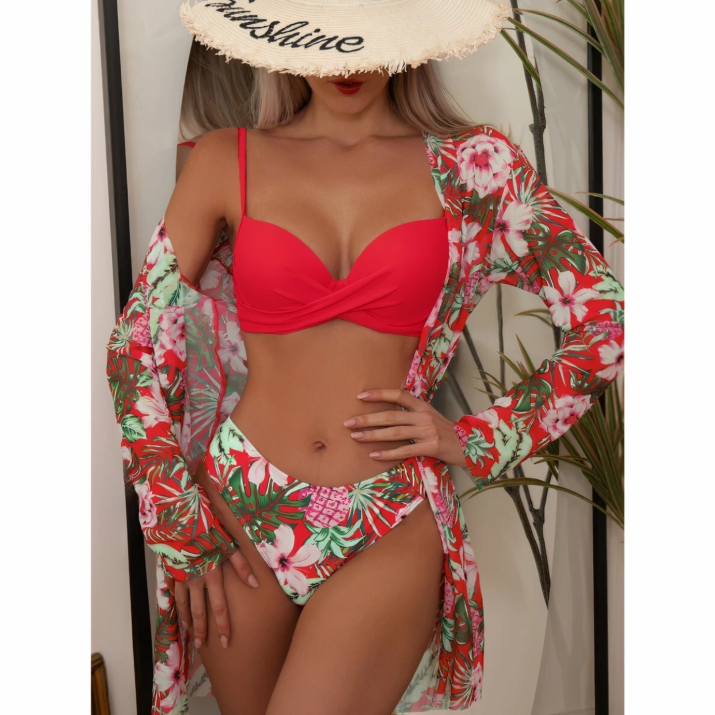 Women’s Three-Piece Bikini Set – High Waist – Crossover Top – Adjustable Straps – Breathable Blend