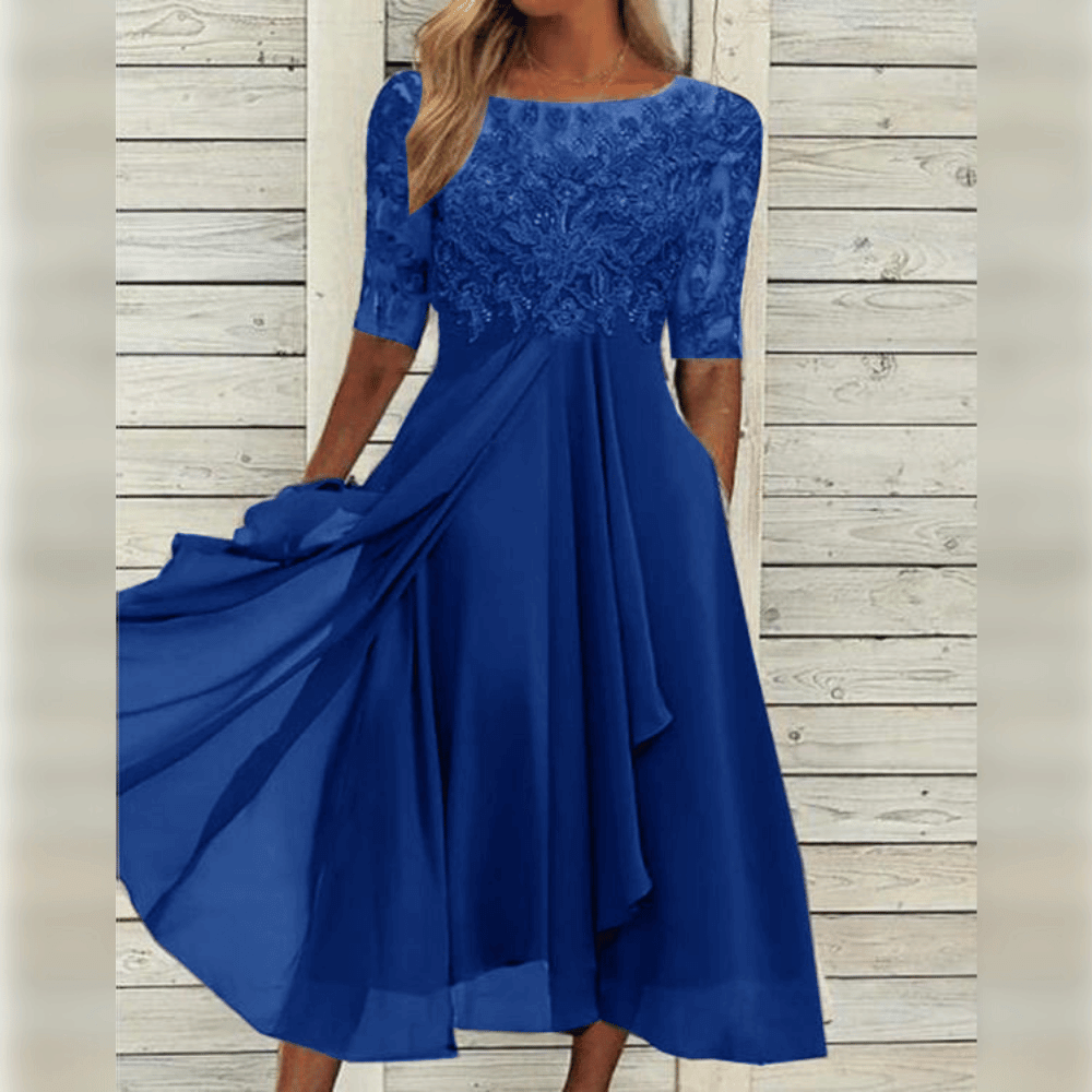 Women's Midi Dress - Lace Bodice - A-Line Silhouette - Half Sleeve Flowing Chiffon