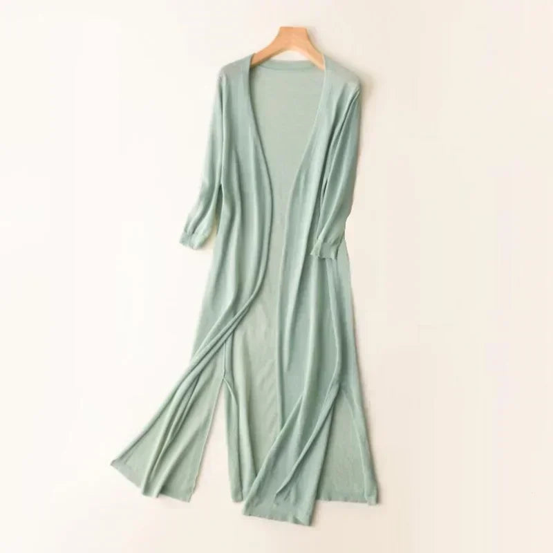 Women’s Long Cardigan – Lightweight Knit – Open Front – 3/4 Sleeve – Relaxed Fit