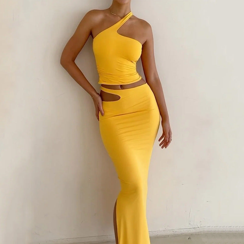 Women’s Two-Piece Skirt Set – Slim Fit – One Shoulder Top – High Waist Midi Skirt – Cut-Out